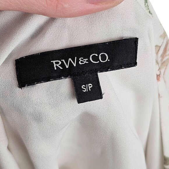 RW & Co White Floral Flowy Lightweight Waist Cinch Blouse Sz S - Picture 7 of 10